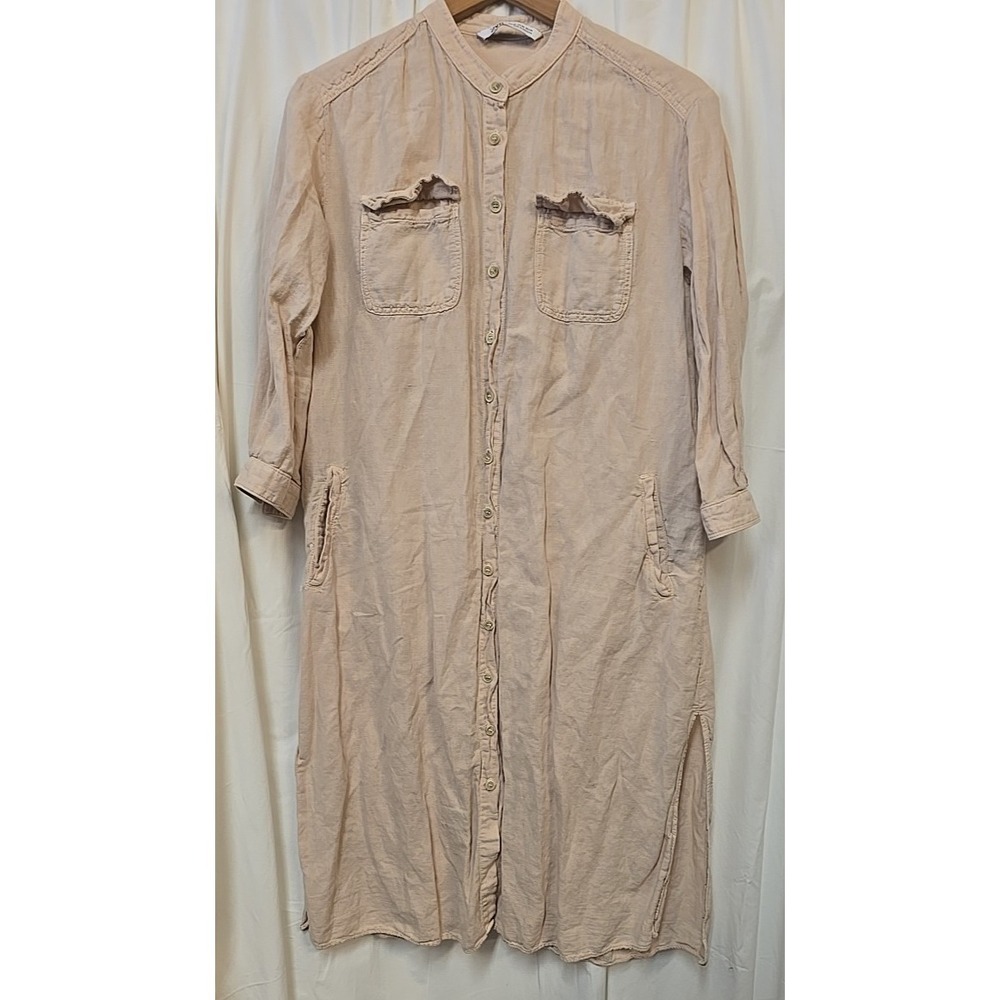 ZARA Shirtdress 100% Linen XS Tan Beige Neutral Midi Button Front Resort Casual - Picture 3 of 7